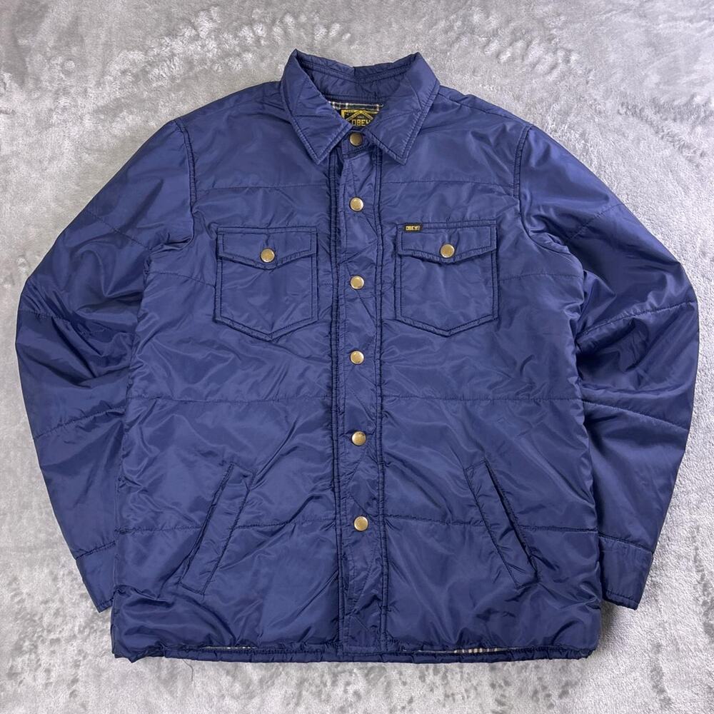 Vintage OBEY Men’s Large Navy Quilted Workwear Jacket Plaid Lined Snap Front